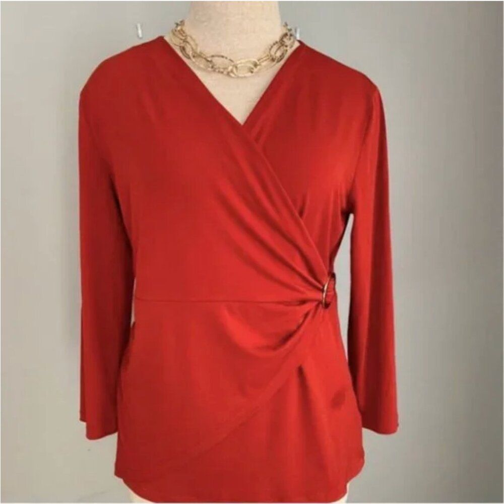 Jones New York Women's Faux Wrap Long Sleeve Side Twist Orange Blouse Size PM